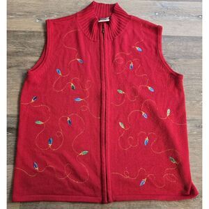 Christmas Holiday Vest Sleeveless Red Embroidered Christmas Lights Knit Sweater‎